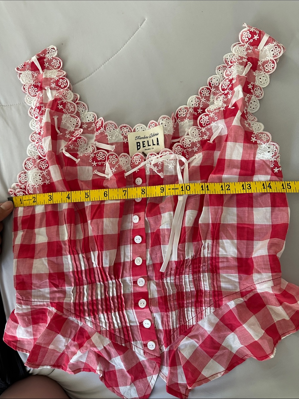 Frankie's Bikinis Red and White Gingham Lace-Trim Peplum Tank